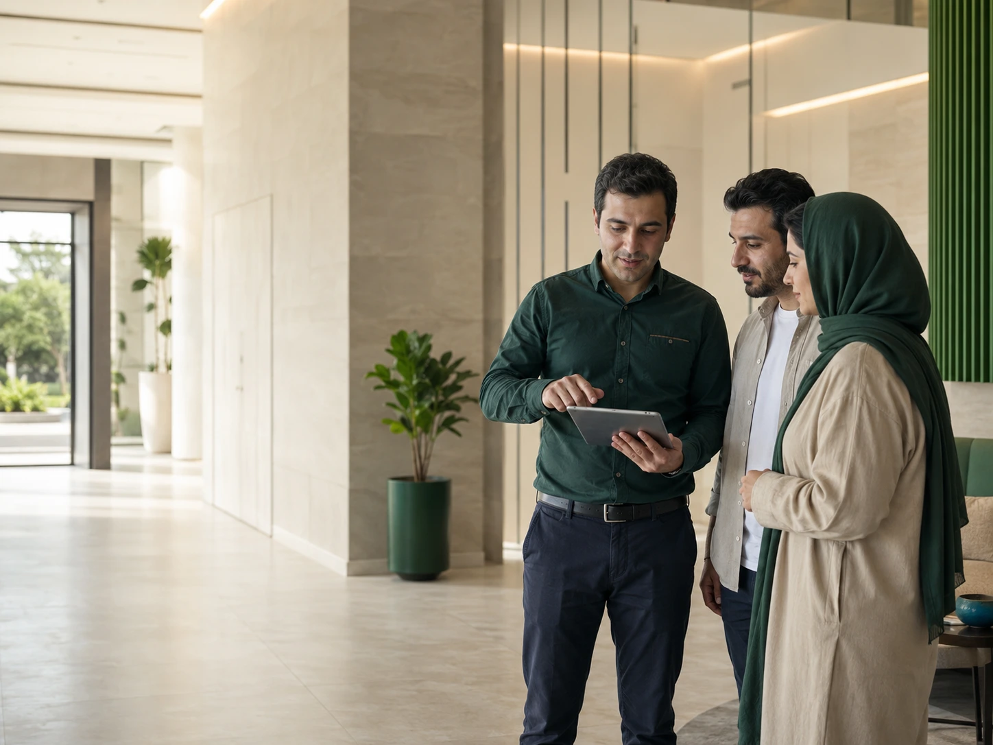 مدیر ساختمان در حال ارائه گزارش شفاف به ساکنین در لابی یک مجتمع مدرن